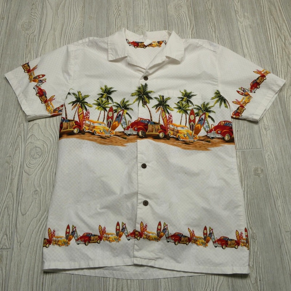 Palmwave Hawaiian Shirt Adult XL White Cotton Button Up Classic Cars Palm Trees